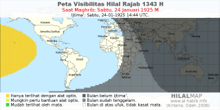 HilalMap: Peta Visibilitas Hilal Rajab 1343 H: rukyat tanggal 1925-1-24 M