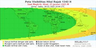 HilalMap: Peta Visibilitas Hilal Rajab 1343 H: rukyat tanggal 1925-1-25 M