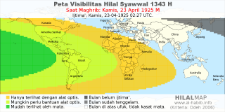 HilalMap: Peta Visibilitas Hilal Syawwal 1343 H: rukyat tanggal 1925-4-23 M