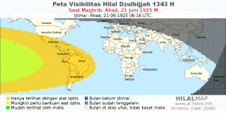 HilalMap: Peta Visibilitas Hilal Dzulhijjah 1343 H: rukyat tanggal 1925-6-21 M