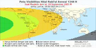 HilalMap: Peta Visibilitas Hilal Rabiul-Awwal 1344 H: rukyat tanggal 1925-9-18 M