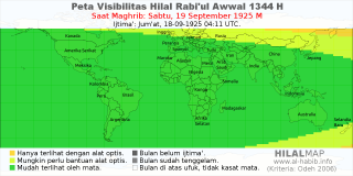 HilalMap: Peta Visibilitas Hilal Rabiul-Awwal 1344 H: rukyat tanggal 1925-9-19 M