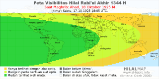 HilalMap: Peta Visibilitas Hilal Rabiul-Akhir 1344 H: rukyat tanggal 1925-10-18 M
