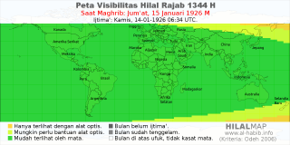 HilalMap: Peta Visibilitas Hilal Rajab 1344 H: rukyat tanggal 1926-1-15 M