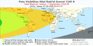 HilalMap: Peta Visibilitas Hilal Rabiul-Awwal 1345 H: rukyat tanggal 1926-9-7 M