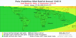 HilalMap: Peta Visibilitas Hilal Rabiul-Awwal 1345 H: rukyat tanggal 1926-9-8 M