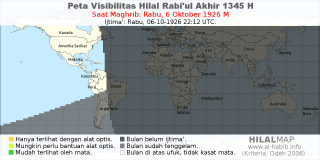 HilalMap: Peta Visibilitas Hilal Rabiul-Akhir 1345 H: rukyat tanggal 1926-10-6 M