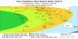 HilalMap: Peta Visibilitas Hilal Rabiul-Akhir 1345 H: rukyat tanggal 1926-10-7 M