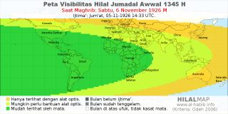 HilalMap: Peta Visibilitas Hilal Jumadal-Awwal 1345 H: rukyat tanggal 1926-11-6 M