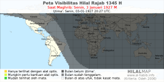 HilalMap: Peta Visibilitas Hilal Rajab 1345 H: rukyat tanggal 1927-1-3 M