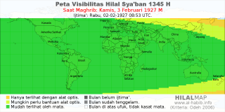 HilalMap: Peta Visibilitas Hilal Syaban 1345 H: rukyat tanggal 1927-2-3 M