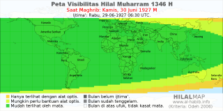 HilalMap: Peta Visibilitas Hilal Muharram 1346 H: rukyat tanggal 1927-6-30 M