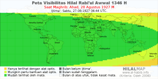 HilalMap: Peta Visibilitas Hilal Rabiul-Awwal 1346 H: rukyat tanggal 1927-8-28 M