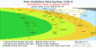 HilalMap: Peta Visibilitas Hilal Syaban 1346 H: rukyat tanggal 1928-1-23 M
