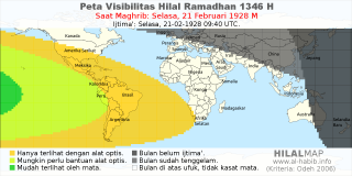 HilalMap: Peta Visibilitas Hilal Ramadhan 1346 H: rukyat tanggal 1928-2-21 M