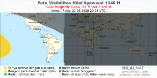 HilalMap: Peta Visibilitas Hilal Syawwal 1346 H: rukyat tanggal 1928-3-21 M