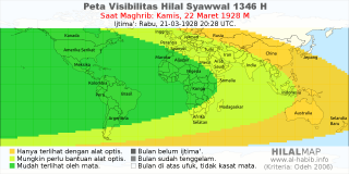 HilalMap: Peta Visibilitas Hilal Syawwal 1346 H: rukyat tanggal 1928-3-22 M