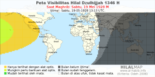 HilalMap: Peta Visibilitas Hilal Dzulhijjah 1346 H: rukyat tanggal 1928-5-19 M