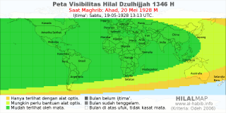 HilalMap: Peta Visibilitas Hilal Dzulhijjah 1346 H: rukyat tanggal 1928-5-20 M