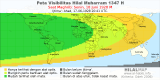 HilalMap: Peta Visibilitas Hilal Muharram 1347 H: rukyat tanggal 1928-6-18 M