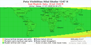HilalMap: Peta Visibilitas Hilal Shafar 1347 H: rukyat tanggal 1928-7-18 M