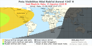 HilalMap: Peta Visibilitas Hilal Rabiul-Awwal 1347 H: rukyat tanggal 1928-8-15 M