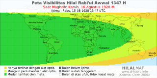 HilalMap: Peta Visibilitas Hilal Rabiul-Awwal 1347 H: rukyat tanggal 1928-8-16 M