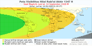 HilalMap: Peta Visibilitas Hilal Rabiul-Akhir 1347 H: rukyat tanggal 1928-9-14 M