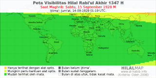 HilalMap: Peta Visibilitas Hilal Rabiul-Akhir 1347 H: rukyat tanggal 1928-9-15 M