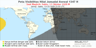 HilalMap: Peta Visibilitas Hilal Jumadal-Awwal 1347 H: rukyat tanggal 1928-10-13 M