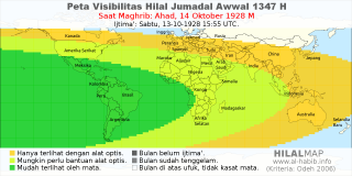 HilalMap: Peta Visibilitas Hilal Jumadal-Awwal 1347 H: rukyat tanggal 1928-10-14 M