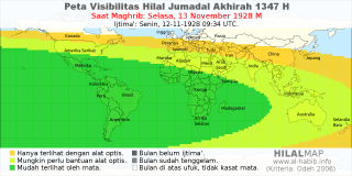 HilalMap: Peta Visibilitas Hilal Jumadal-Akhirah 1347 H: rukyat tanggal 1928-11-13 M