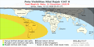 HilalMap: Peta Visibilitas Hilal Rajab 1347 H: rukyat tanggal 1928-12-12 M