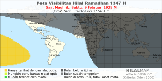 HilalMap: Peta Visibilitas Hilal Ramadhan 1347 H: rukyat tanggal 1929-2-9 M