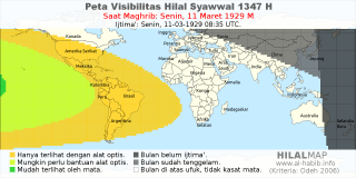 HilalMap: Peta Visibilitas Hilal Syawwal 1347 H: rukyat tanggal 1929-3-11 M