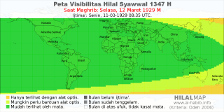 HilalMap: Peta Visibilitas Hilal Syawwal 1347 H: rukyat tanggal 1929-3-12 M