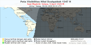 HilalMap: Peta Visibilitas Hilal Dzulqaidah 1347 H: rukyat tanggal 1929-4-9 M