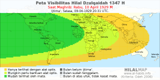 HilalMap: Peta Visibilitas Hilal Dzulqaidah 1347 H: rukyat tanggal 1929-4-10 M