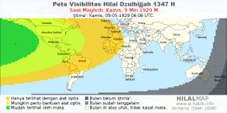 HilalMap: Peta Visibilitas Hilal Dzulhijjah 1347 H: rukyat tanggal 1929-5-9 M