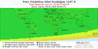 HilalMap: Peta Visibilitas Hilal Dzulhijjah 1347 H: rukyat tanggal 1929-5-10 M
