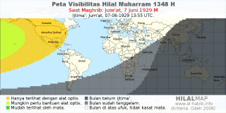 HilalMap: Peta Visibilitas Hilal Muharram 1348 H: rukyat tanggal 1929-6-7 M