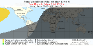 HilalMap: Peta Visibilitas Hilal Shafar 1348 H: rukyat tanggal 1929-7-6 M