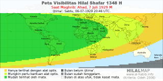 HilalMap: Peta Visibilitas Hilal Shafar 1348 H: rukyat tanggal 1929-7-7 M