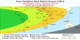 HilalMap: Peta Visibilitas Hilal Rabiul-Awwal 1348 H: rukyat tanggal 1929-8-5 M