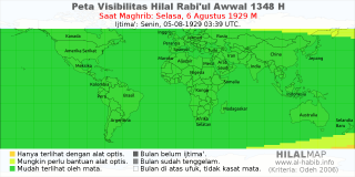 HilalMap: Peta Visibilitas Hilal Rabiul-Awwal 1348 H: rukyat tanggal 1929-8-6 M