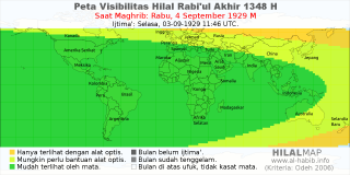 HilalMap: Peta Visibilitas Hilal Rabiul-Akhir 1348 H: rukyat tanggal 1929-9-4 M