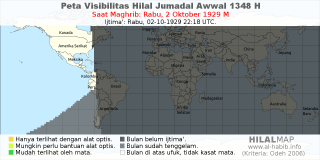 HilalMap: Peta Visibilitas Hilal Jumadal-Awwal 1348 H: rukyat tanggal 1929-10-2 M