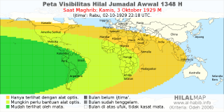 HilalMap: Peta Visibilitas Hilal Jumadal-Awwal 1348 H: rukyat tanggal 1929-10-3 M