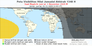HilalMap: Peta Visibilitas Hilal Jumadal-Akhirah 1348 H: rukyat tanggal 1929-11-1 M