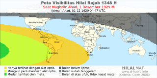 HilalMap: Peta Visibilitas Hilal Rajab 1348 H: rukyat tanggal 1929-12-1 M